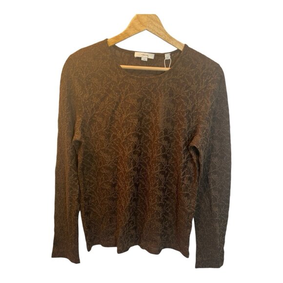 Vince Jacquard Crewneck Lace Top Large Brown Wool Blend Long Sleeve Fitted NWT - Picture 2 of 8